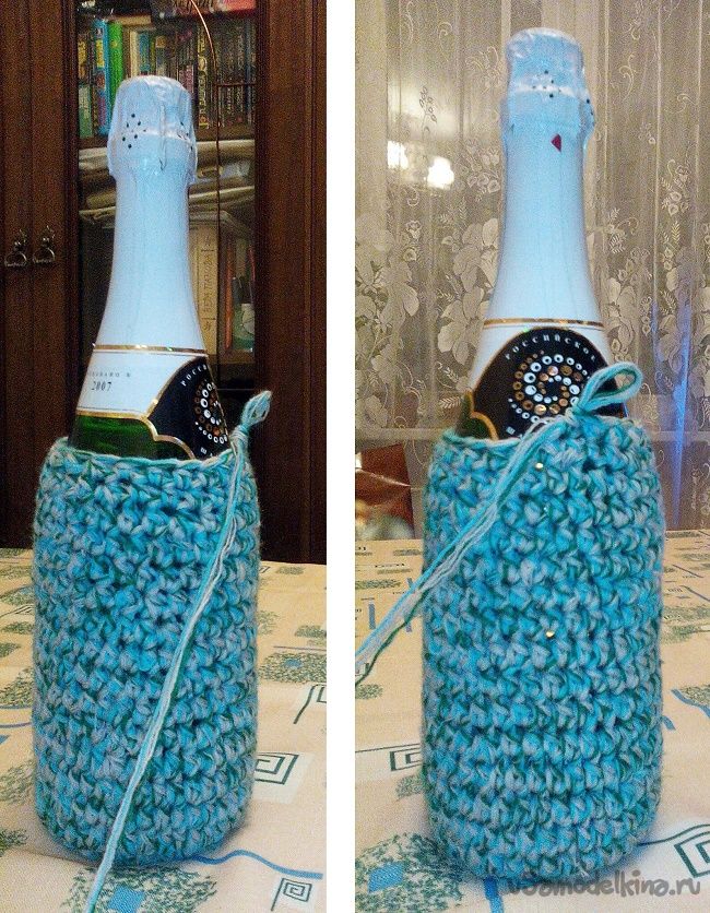 Бутылка шампанского в новогоднем декоре из пряжи